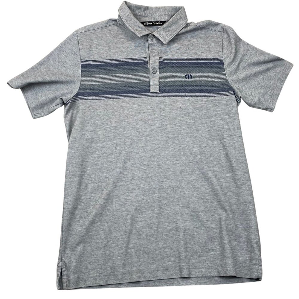 Travis Mathew Mens Polo Shirt Medium Heather Gray Blue Stripes Short Sleeve Casu
